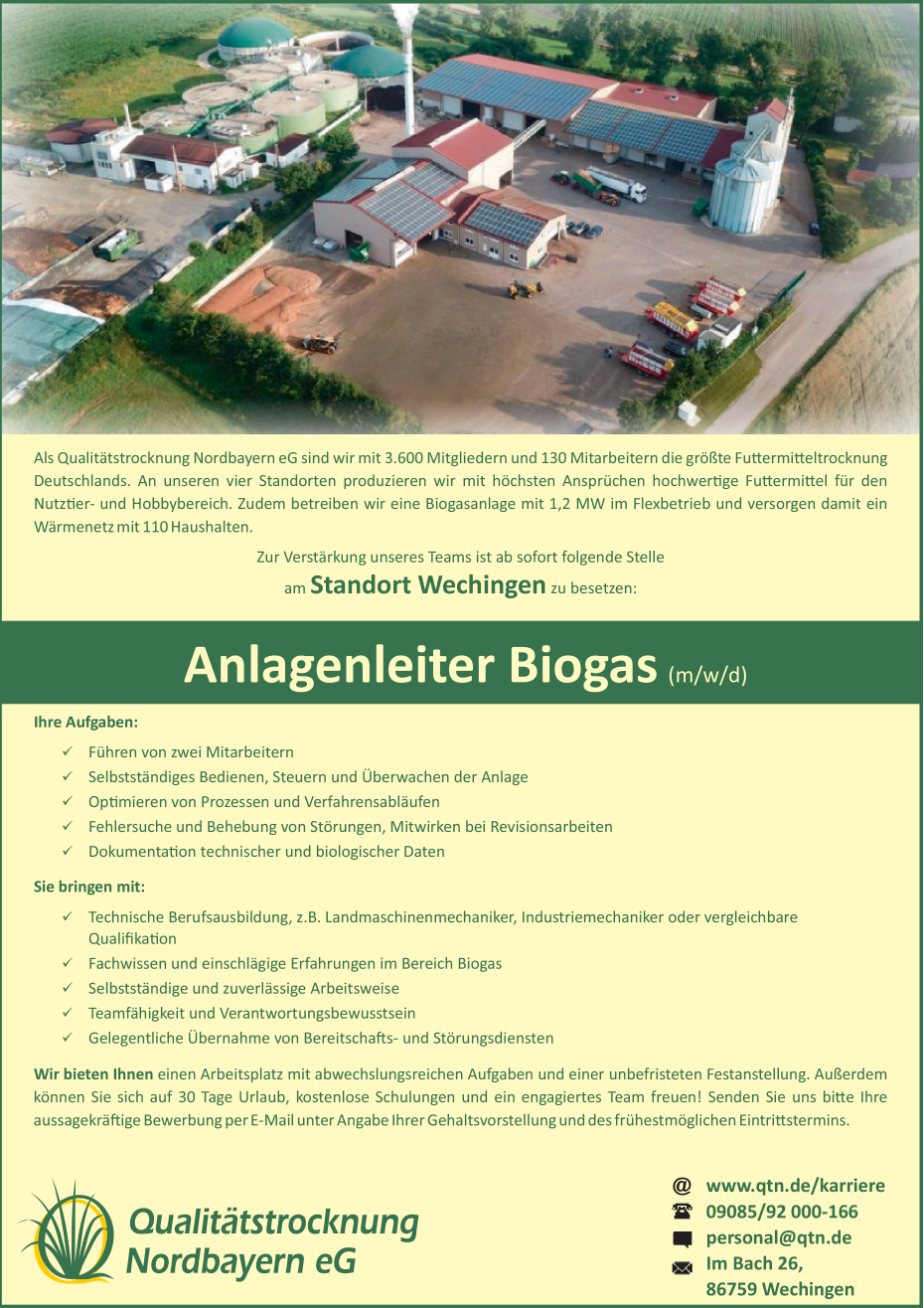 Anlagenleiter Biogasanlage (m/w/d)